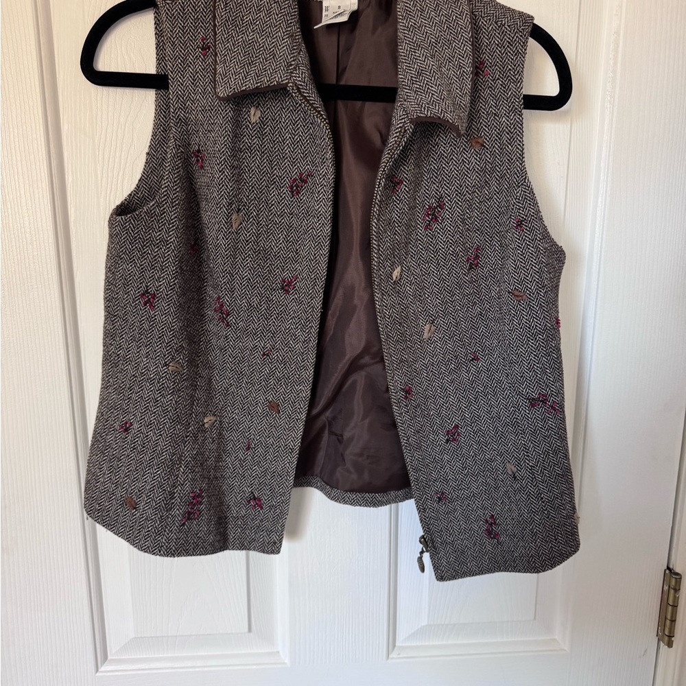 Talbots Brown Herringbone Vest with Embroidered Details